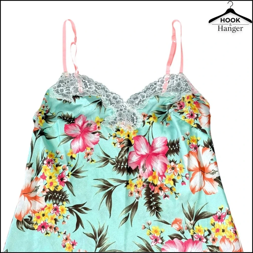 Victoria's Secret Y2K Satin Tropical Chemise Nightie S Blue Pink Hibiscus Lace - Picture 3 of 10